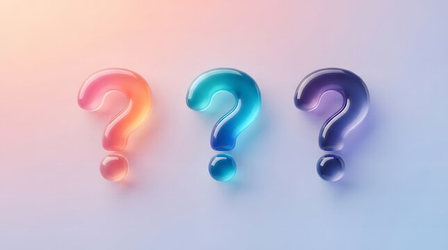 Three colorful translucent glass question marks arranged in a row against a soft gradient background with horizontally smooth pastel colors lined horizontally