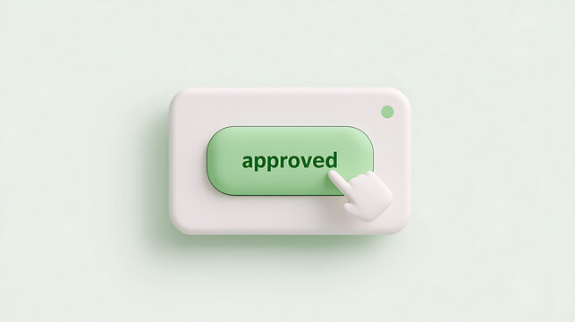 A 3D render of a green approved button with a hand cursor clicking it on a minimalist light background, symbolizing success and positive result