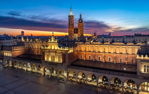 Krakow Main Market Square at blue hour, Poland