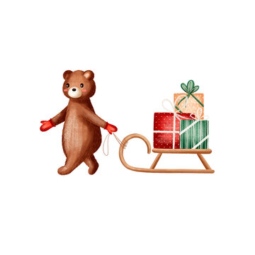 Illustration teddy bear on sled with Christmas gifts. New Year composition. Illustration isolated on a white background for the design of cards, posters, templates, congratulations, nursery decor
