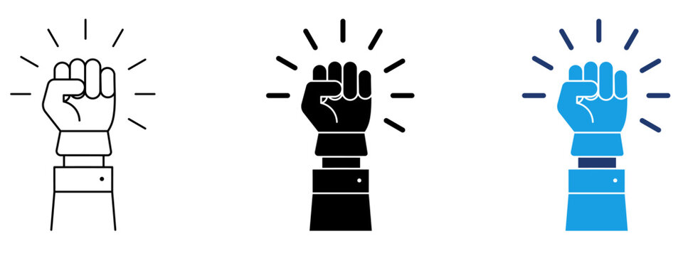 Raised robot fist vector icon set showing cybernetic arm with glowing power rays. Symbol of artificial intelligence uprising, robotic strength, protest, revolution, and tech power.