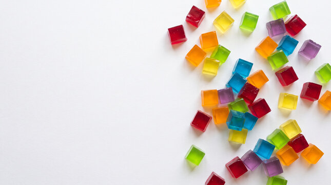 Colorful gummy candy cubes scattered on a clean white background.