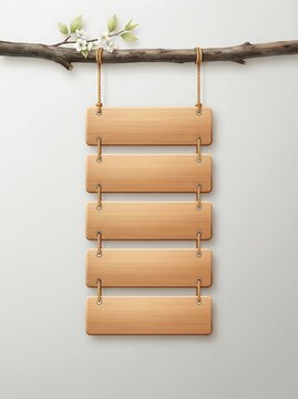 Five blank wooden signboards hanging on a rustic branch with white flowers, vertical orientation, copy space for text