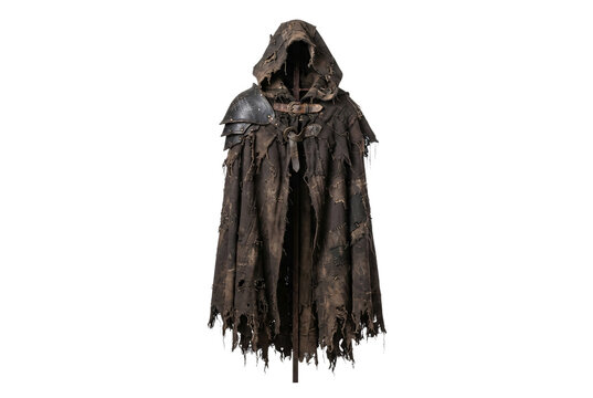 Tattered dark brown fantasy rogue cloak with shoulder armor, leather straps, buckles, and weathered hood on display.