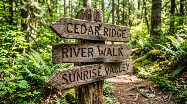 Wooden signpost in lush forest pointing to Cedar Ridge, River Walk, Sunrise Valley.