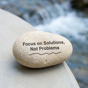 A smooth river stone with the inspirational text focus on solutions, not problems, resting on a concrete ledge near flowing water