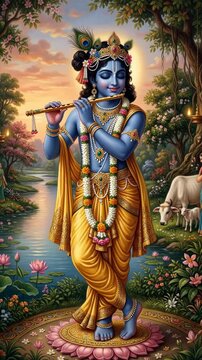 Divine flute melody: sacred Krishna deity, serene Govinda avatar, blue Gopala figure, mystical Madhava aspect, spiritual Keshava pose, holy Hari essence, graceful Shyam representation.