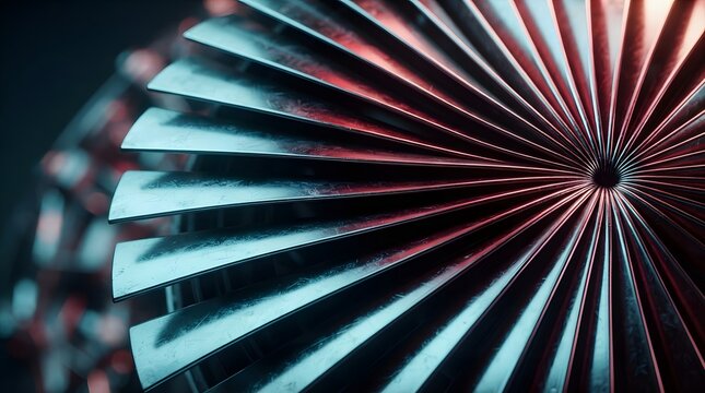 Abstract close up view of metallic turbine fan blades with blue with reflections textured surfaces circular pattern contrasting surfaces mechanical object
