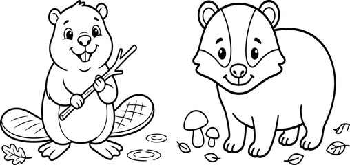 Obraz premium Cute cartoon beaver and badger animals for children coloring book page line art illustration
