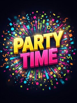 Party time text with colorful confetti and festive fireworks background for celebration, birthday, or event invitation design