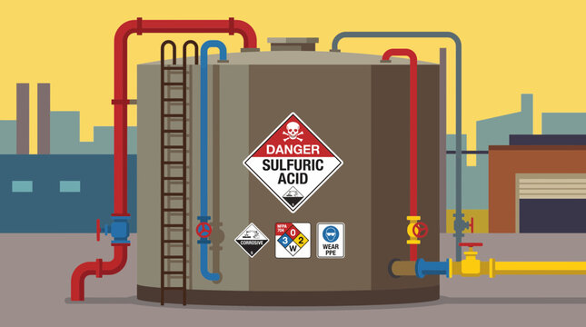 Sulfuric Acid Storage Tank With Safety Signage