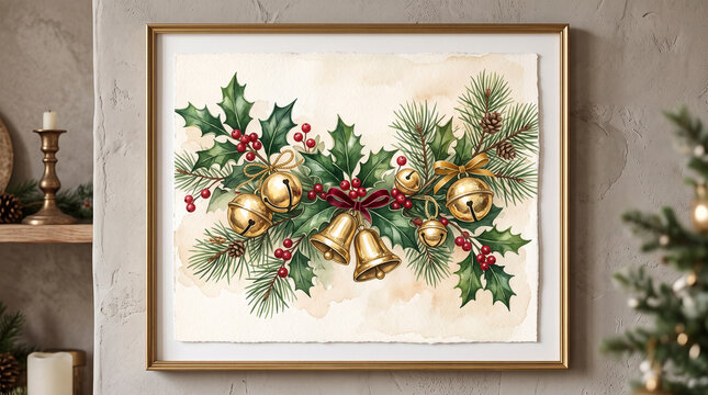 Luxury Holiday Botanical Painting with Gold Bells and Winter Foliage for Seasonal Interior Decor