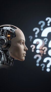 Artificial intelligence in the form of a robot head with exposed mechanics confronts a cluster of glowing question marks, symbolizing the mystery and complexity of AI's future and consciousness.