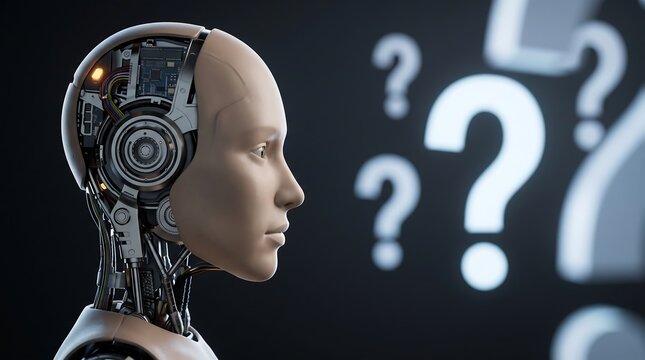 Artificial intelligence, with its intricate mechanical details and thoughtful gaze, stands against a backdrop of question marks.