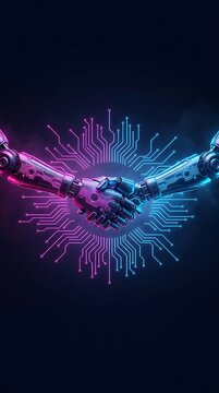 Robotic arms shake hands, symbolizing the future of artificial intelligence and technology, surrounded by a circuit board pattern glowing with neon blue and pink light.