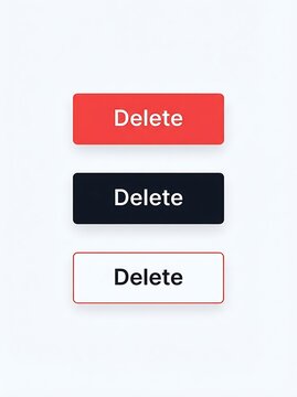 Set of three different delete buttons with red, dark blue, and outlined styles for user interface design isolated on white background