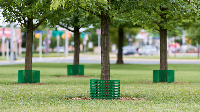 Young deciduous trees with green plastic mesh trunk protection guards installed in a public park urban setting during daytime in summer season