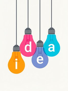 Creative concept with colorful hanging light bulbs forming the word idea isolated on white background