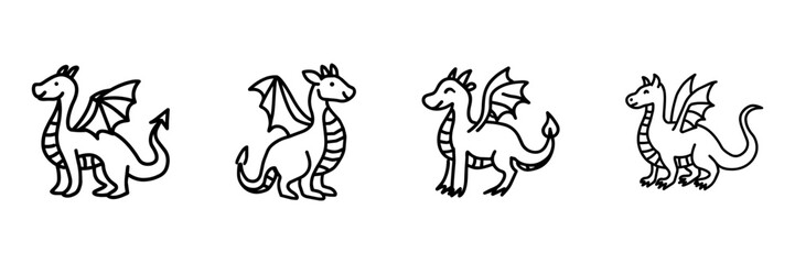 Fototapeta premium Dragon Hand Drawn Doodle Icon Set. Fantasy Creature Sketch Symbol Collection. Mythology And Children Story Use. Isolated Vector Illustration