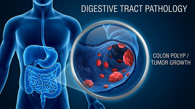 Human digestive system anatomy illustration with magnified colon polyps and tumor growth, representing colorectal cancer pathology and gastroenterology diagnostics.