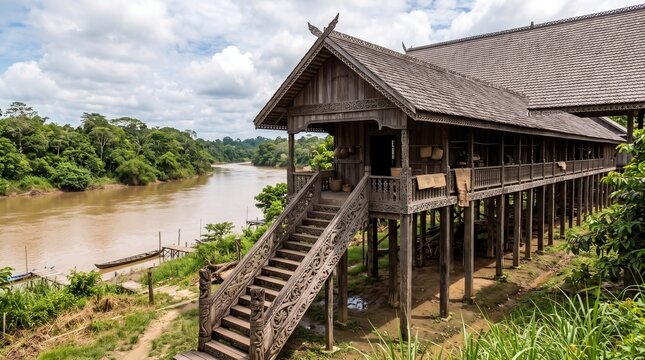 Traditional longhouse architectural wonder built on stilts along the riverbank in the dense tropical rainforest