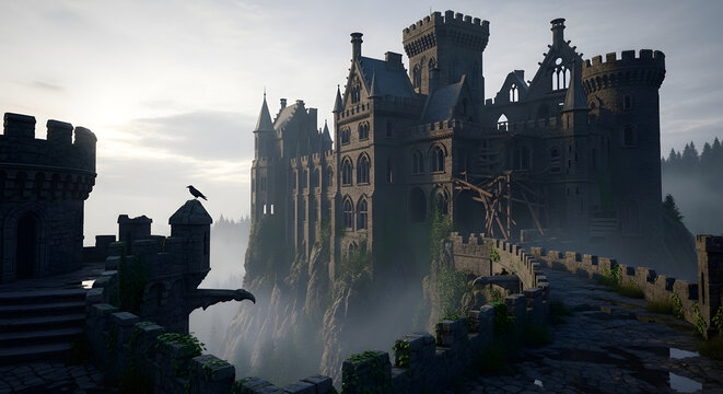 Medieval Castle in Misty Fantasy Landscape.