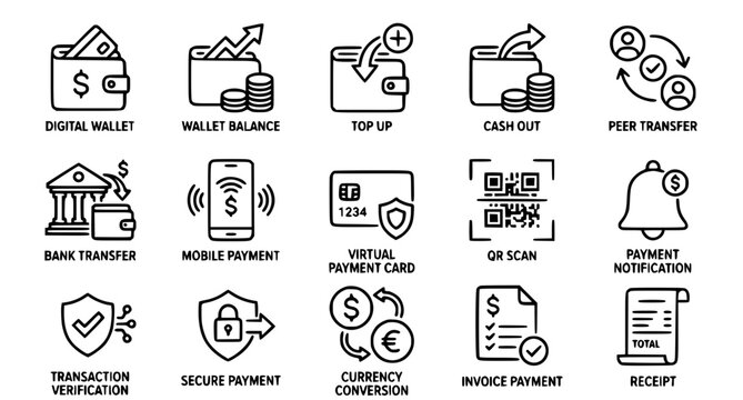 Fintech Digital Wallet and Payment Application Thin Line Icons