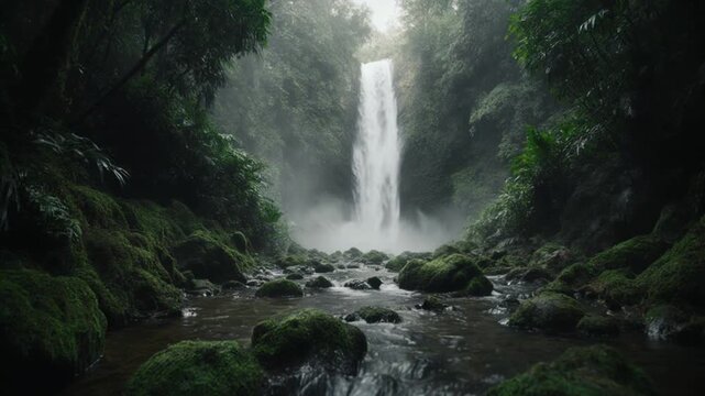Majestic waterfall cascading down rocky terrain surrounded by lush greenery and moss-covered stones in a serene forest setting with mist rising from the water