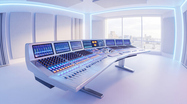Professional audio mixing console sitting empty white music studio room large digital faders sound board recording equipment desk bright cityscape window background interior