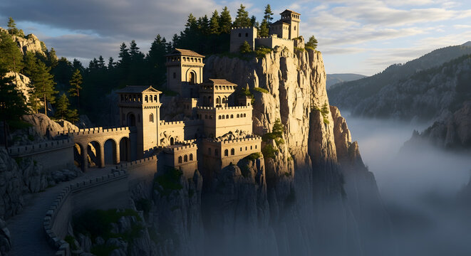 Medieval castle perched on a rocky cliff at sunrise.