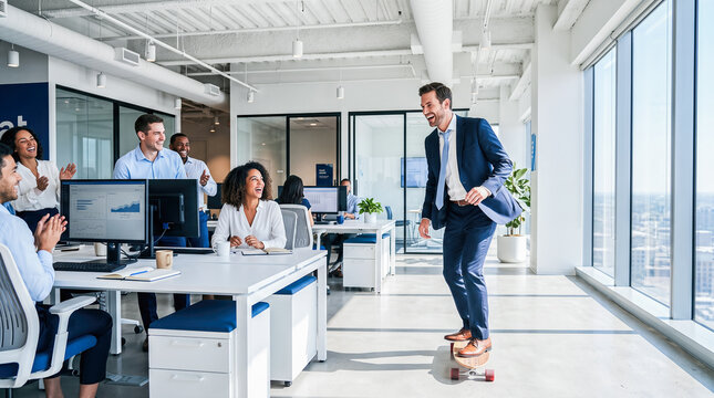 Happy male business executive riding skateboard across modern bright corporate office smiling diverse team colleagues clapping cheering supportive fun workplace environment