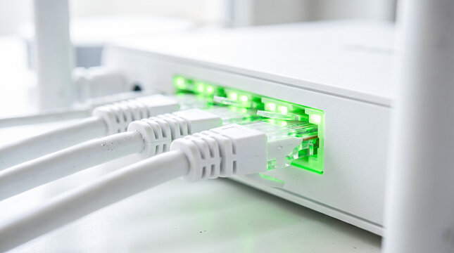 White internet router emitting green lights four ethernet cables plugged back panel modern wireless networking equipment connecting digital telecommunication hardware macro detail view