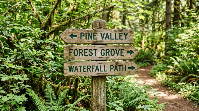 Wooden signpost in lush forest showing directions to Pine Valley, Forest Grove, Waterfall Path