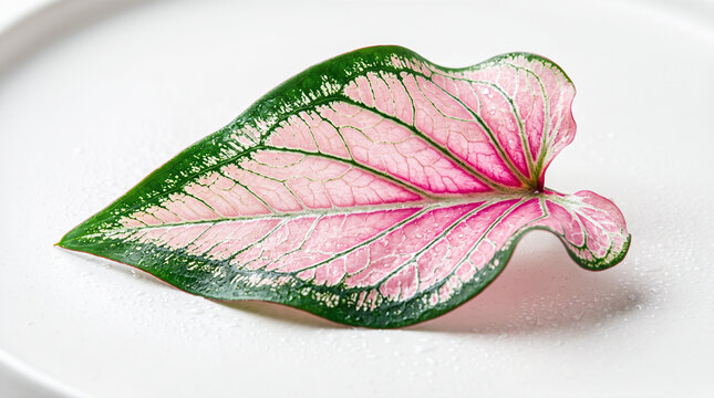 Single vibrant pink green caladium leaf covered tiny water droplets resting flat lay minimal bright white surface tropical botanical flora