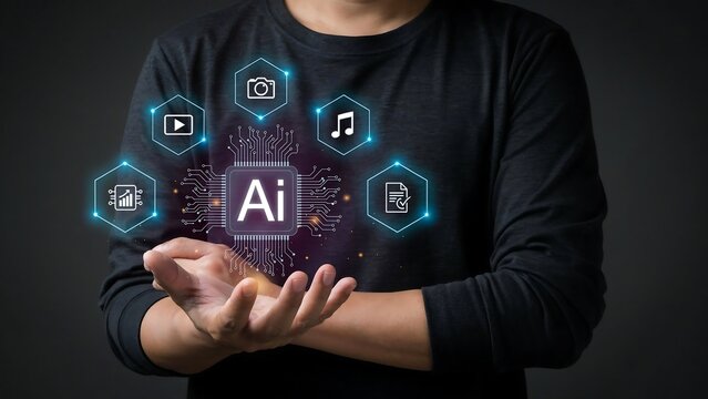 Person holding artificial intelligence chip with digital icons in a conceptual dark studio setting