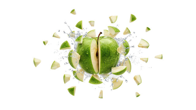 A sliced green apple in the center with many small pieces floating around it, accompanied by a splash of white liquid on a black background