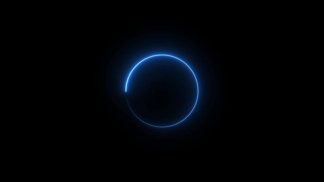 Render neon circle rotation of frame with shining effects on black background with alpha channel. Video animation Empty blue glowing techno backdrop. Round motion frame looping