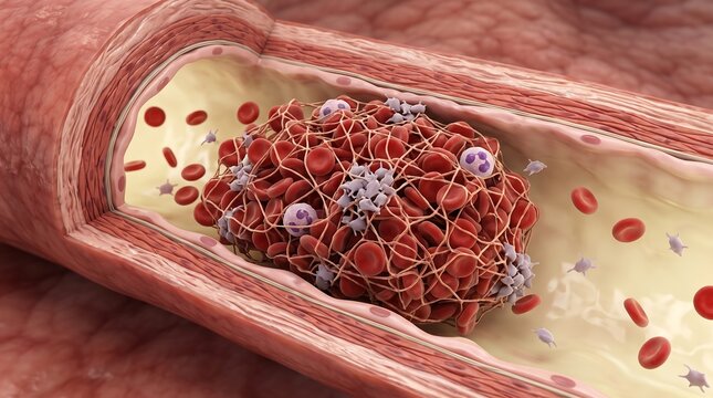 Microscopic Blood Clot Thrombus Illustration Inside Human Artery