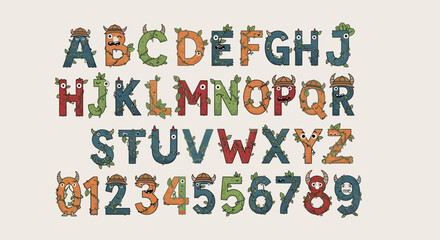 Fototapeta premium Fun Monster Alphabet Letters and Numbers - Cute Cartoon Kids Learning