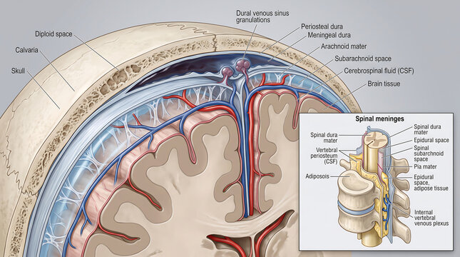 Human Brain Meninges and Spinal Cord Anatomy Medical Diagram