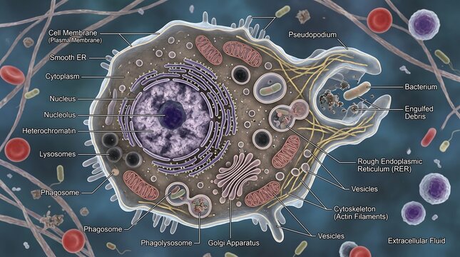 Labeled 3D Anatomy of a Human Cell showing Phagocytosis and Organelles
