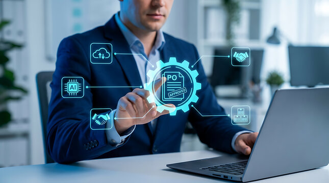 Businessman interacting with a virtual purchase order approval interface on a laptop, representing digital supply chain management, automated workflow, procurement process, and.