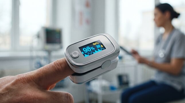 Digital pulse oximeter measuring oxygen saturation on patient finger.