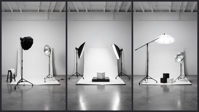 Three different setups of studio equipment with white backgrounds and lighting
