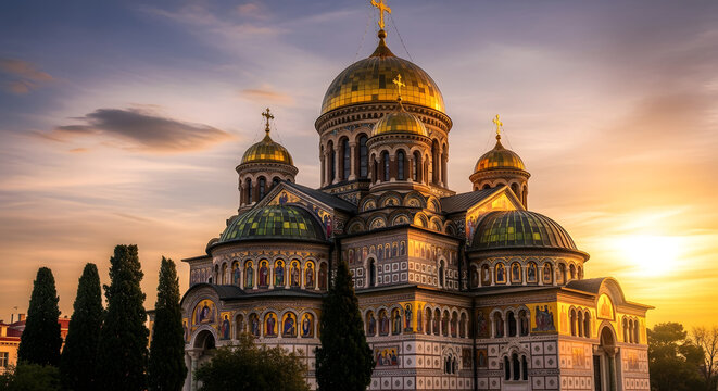 Orthodox cathedral with golden domes at sunrise.