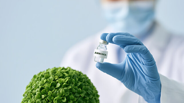 Scientist hold chemical sample bottle with ammonia label near green plant specimen in laboratory, medical research and agricultural test concept