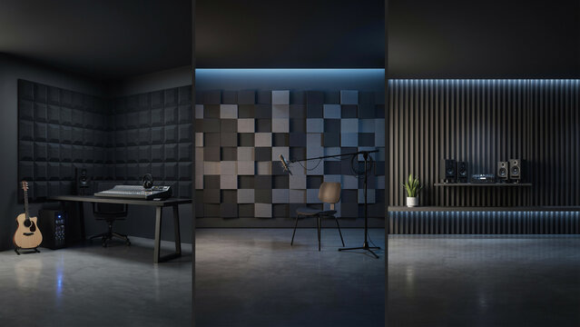 Dark music recording studio with acoustic foam panels and audio equipment in three views