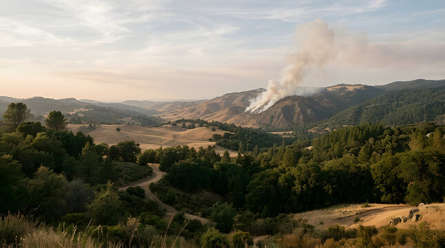Distant Hillside Wildfire Sending Smoke Column into Hazy Evening Sky