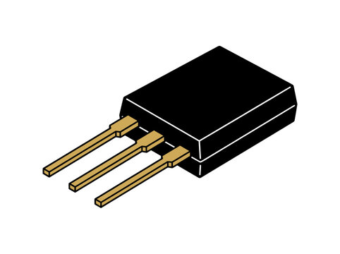 Closeup view of a black semiconductor transistor component with metal leads used in electronic circuit design and manufacturing