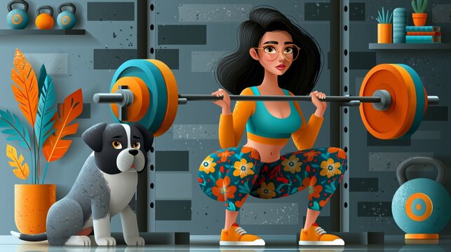 A cartoon woman squats with a barbell in a gym while a dog sits nearby against a grey brick background.